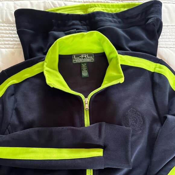 Ralph Lauren Active Set Zip Track Jacket-XL & Pants-L NavyBlue Lime Green w Logo - Picture 8 of 8